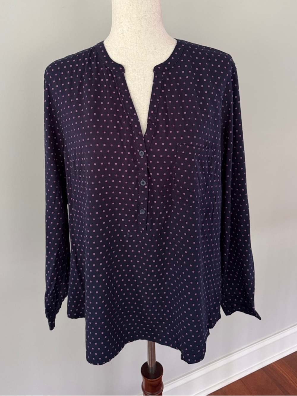 Women's Navy Long-Sleeve Notch Neck Blouse with Purple Print